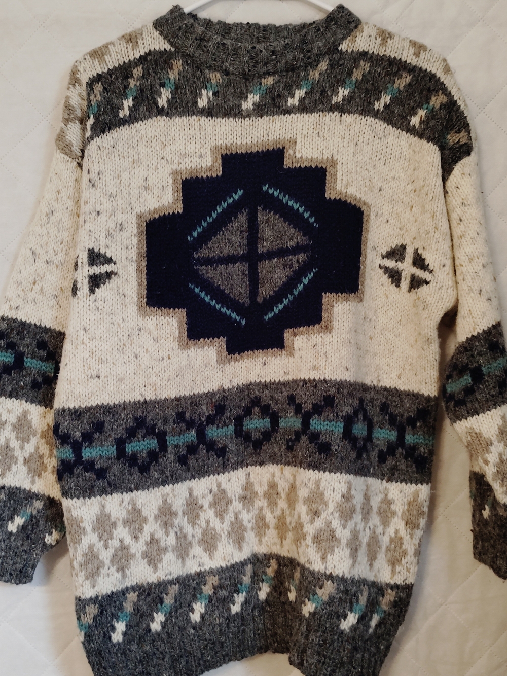Men's Crewneck Geometric Wool Sweater in Cream, Gray & Teal